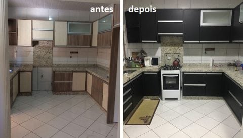 cozinha com armários adesivados - antes e depois