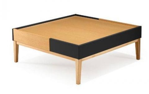 mesa de centro com gaveta preta e madeira