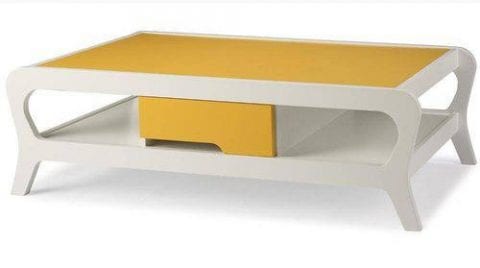 mesa de centro amarela com gaveta e nicho