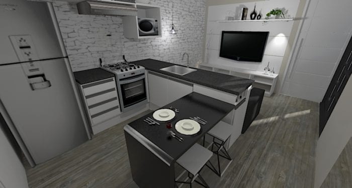 sala de TV e cozinha