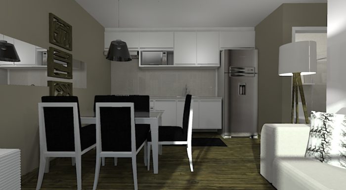 salas e cozinha em ambiente pequeno