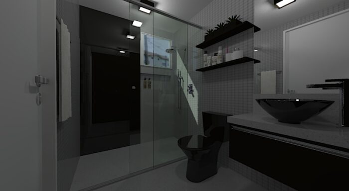banheiro banco preto e cinza