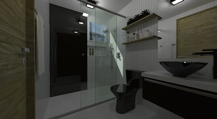 banheiro branco preto e madeira