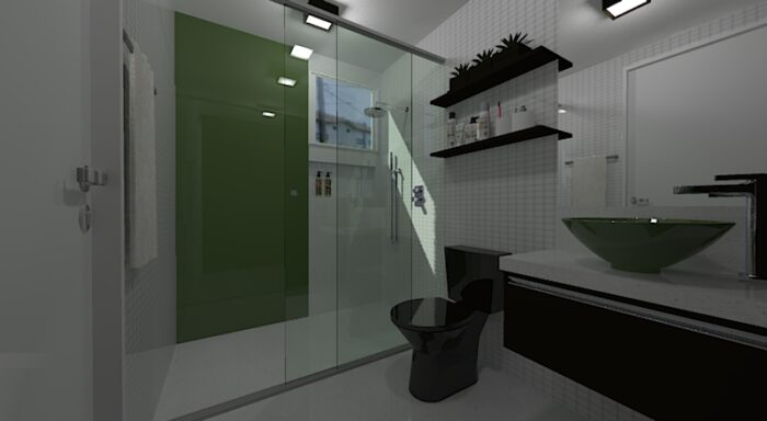 banheiro branco preto e verde