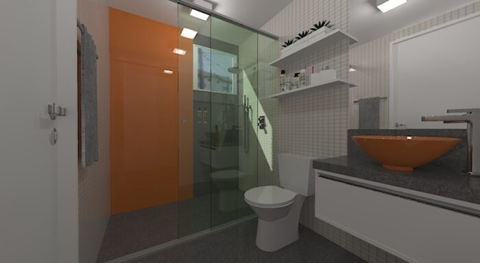 banheiro branco cinza e laranja