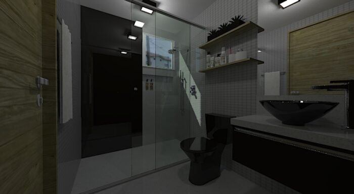 banheiro cinza preto e madeira