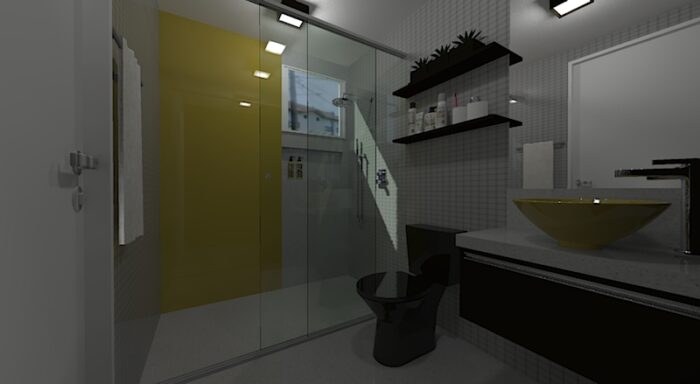 banheiro cinza preto e amarelo