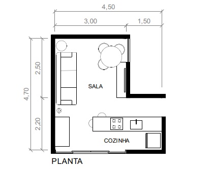 planta salas e cozinha pequeno espaço