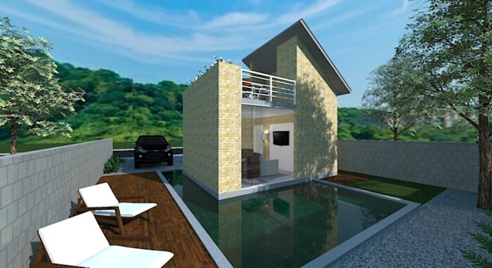 mini casa com piscina e terraço