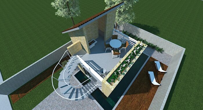 mini casa com piscina e terraço
