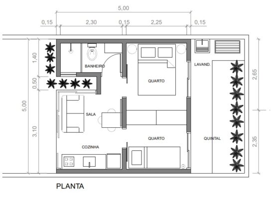 planta mini casa 5x5 com 2 quartos