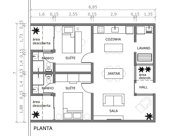 planta apartamento térreo com 2 quartos